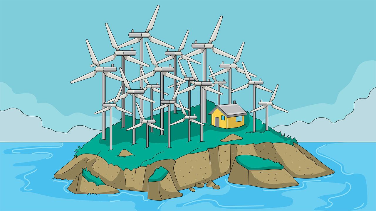 A small island filled up with wind turbines