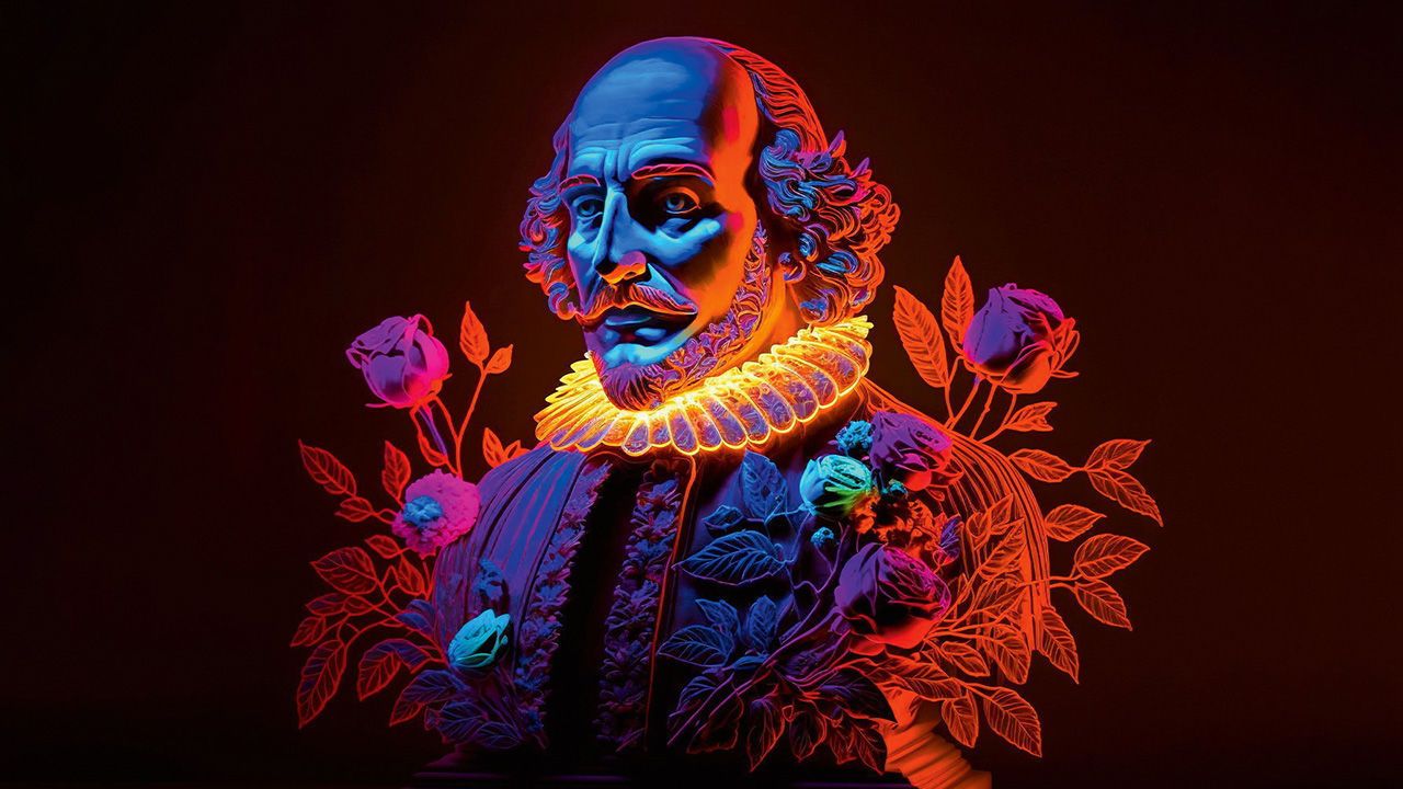 A colourful hologram-like graphic of William Shakespeare.