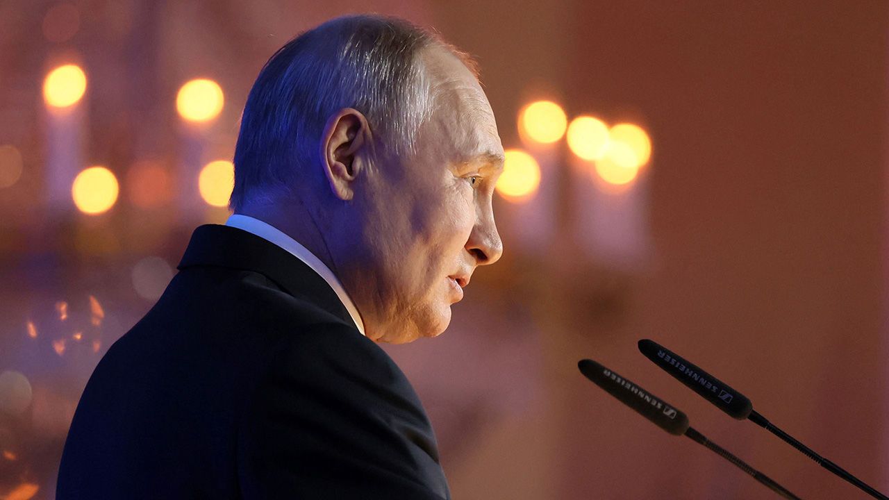 Profile shot of President Vladimir Putin delivering a speech