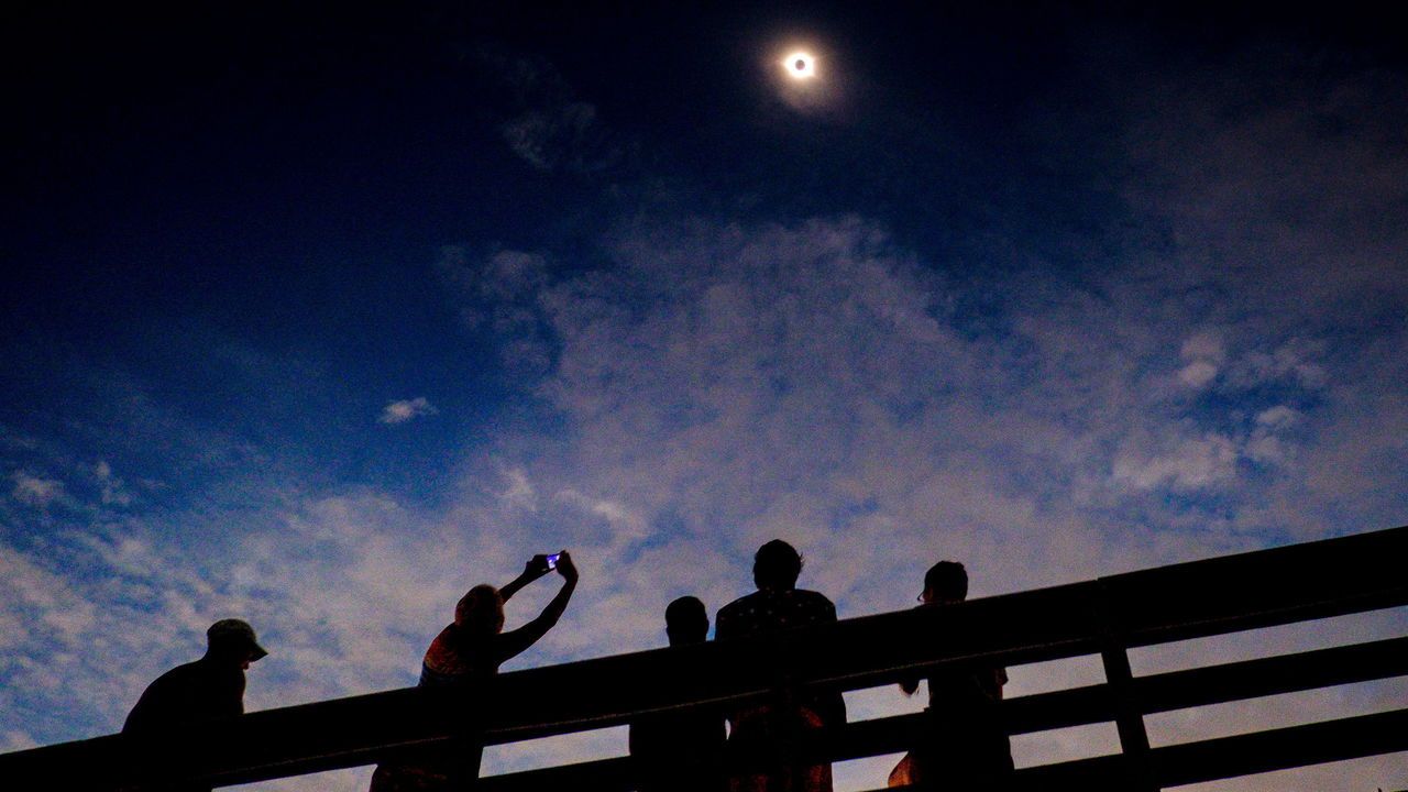 Silhouetted people watch a solar eclipse.