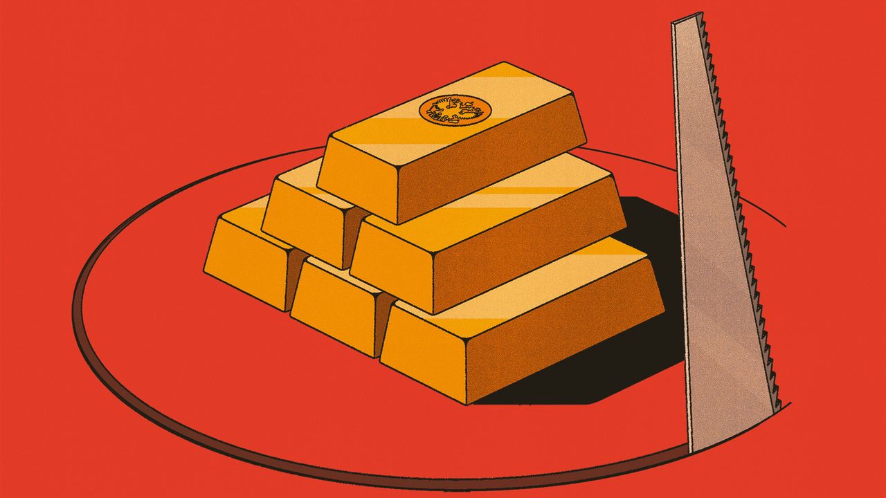 A pile of gold bars. From below, a saw is cutting around the floor they stand on