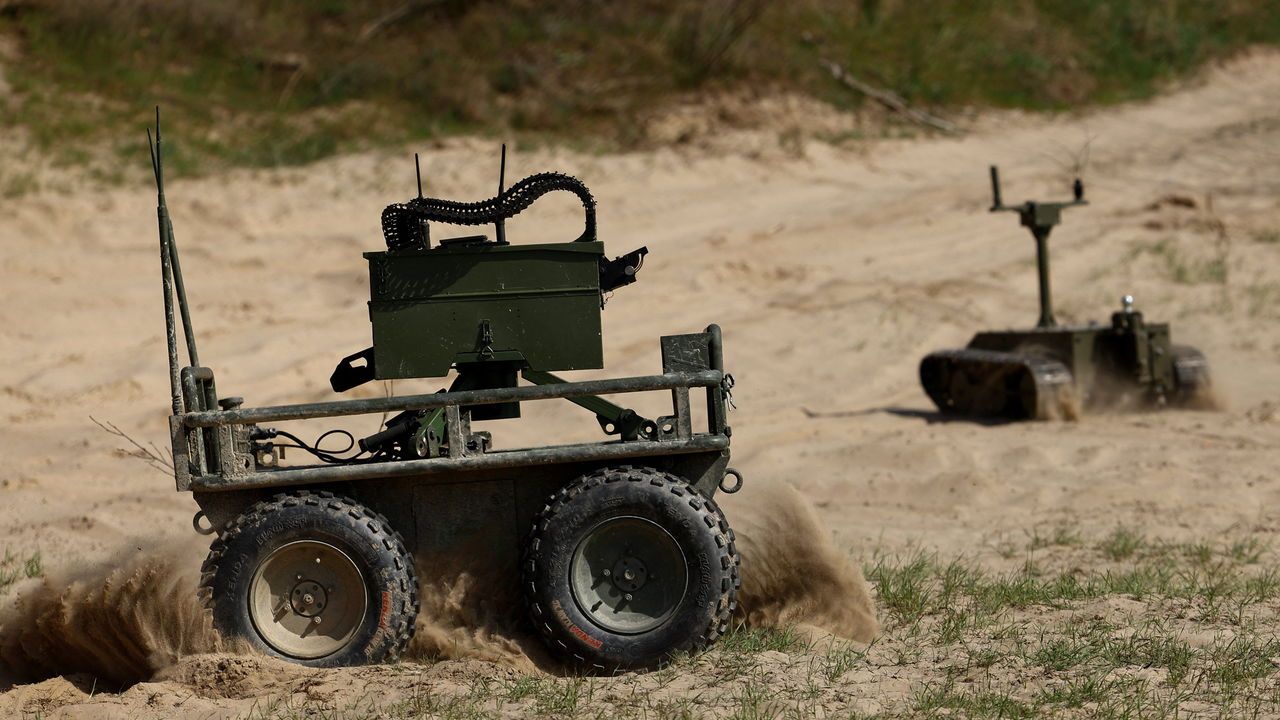 Unmanned ground vehicle are seen in action during an exhibition in Ukraine