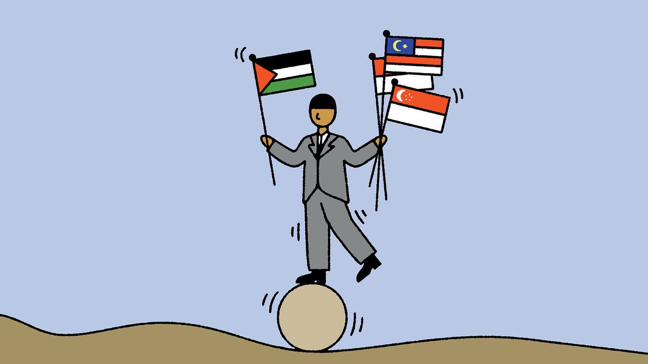 Illustration of a politician balancing on a ball holding the Palestinian flag in his right hand and the flags of Indonesia, Malaysia and Singapore in his left.