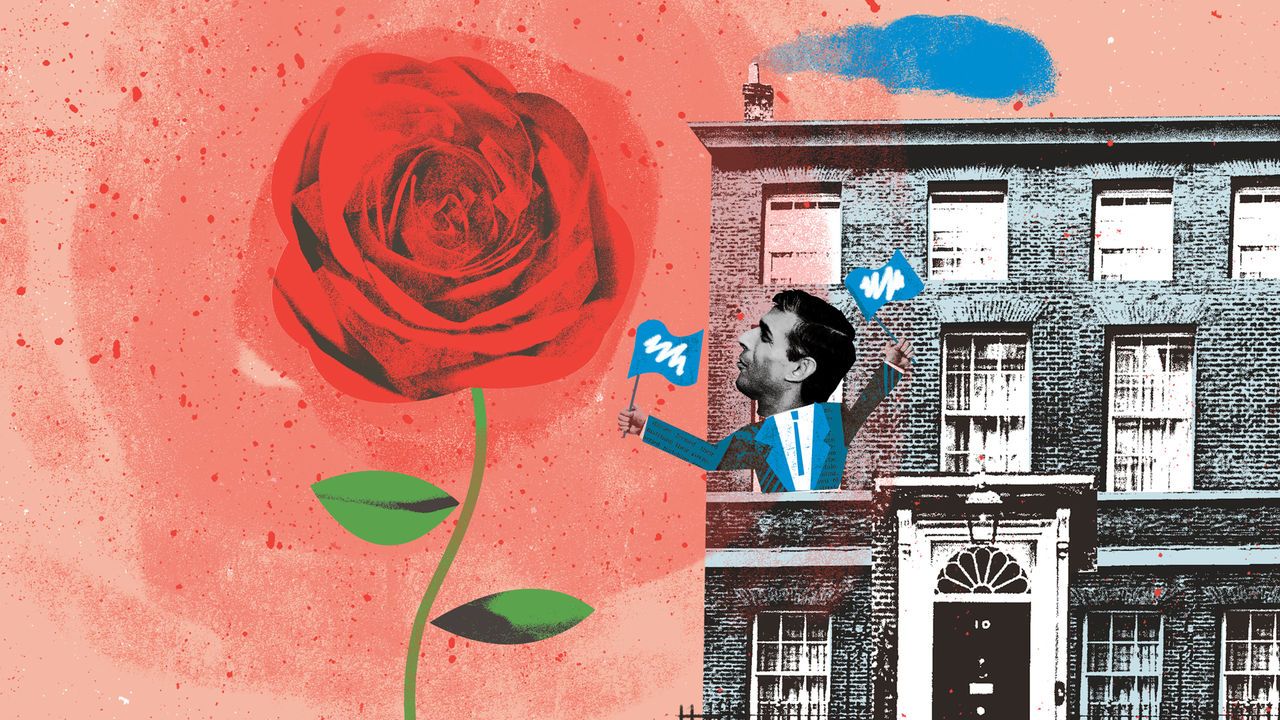 An illustration of Rishi Sunak leaning out of Downing Street with a Tory flag. A giant red rose appears in the background. 