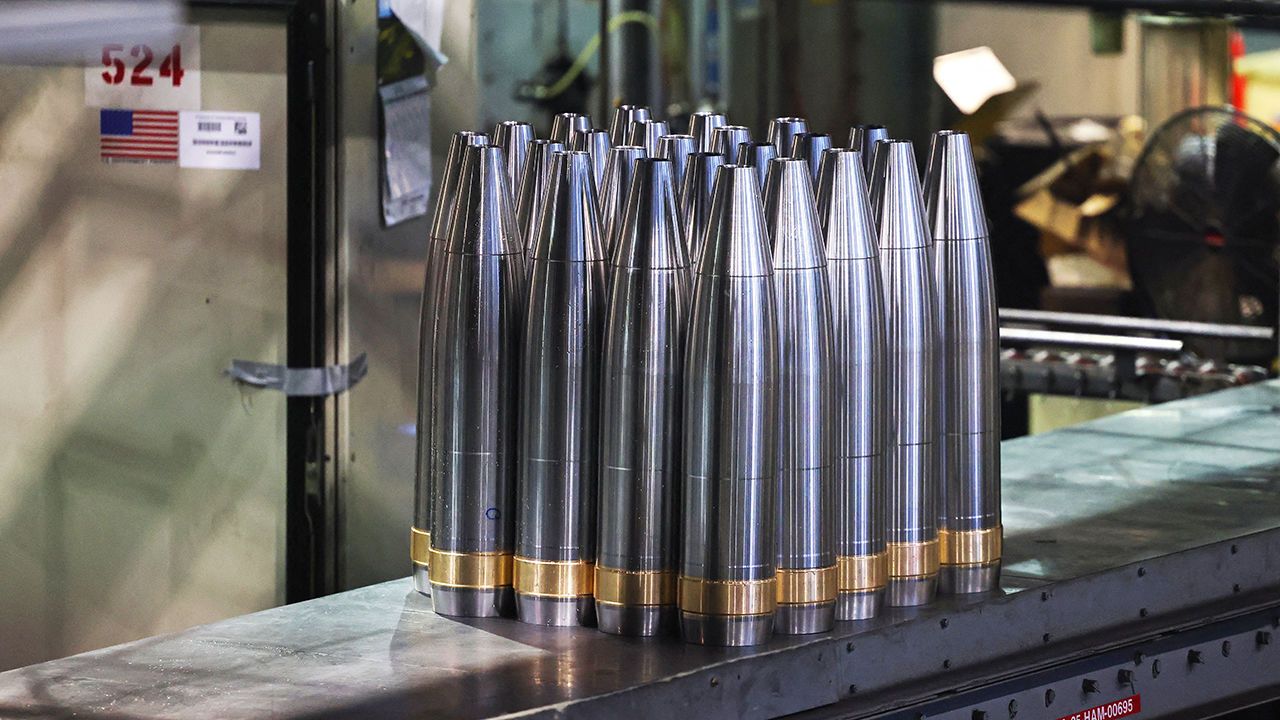 155 mm calibre shells ready to be packaged before being shipped from the Scanton Army Ammunition Plant