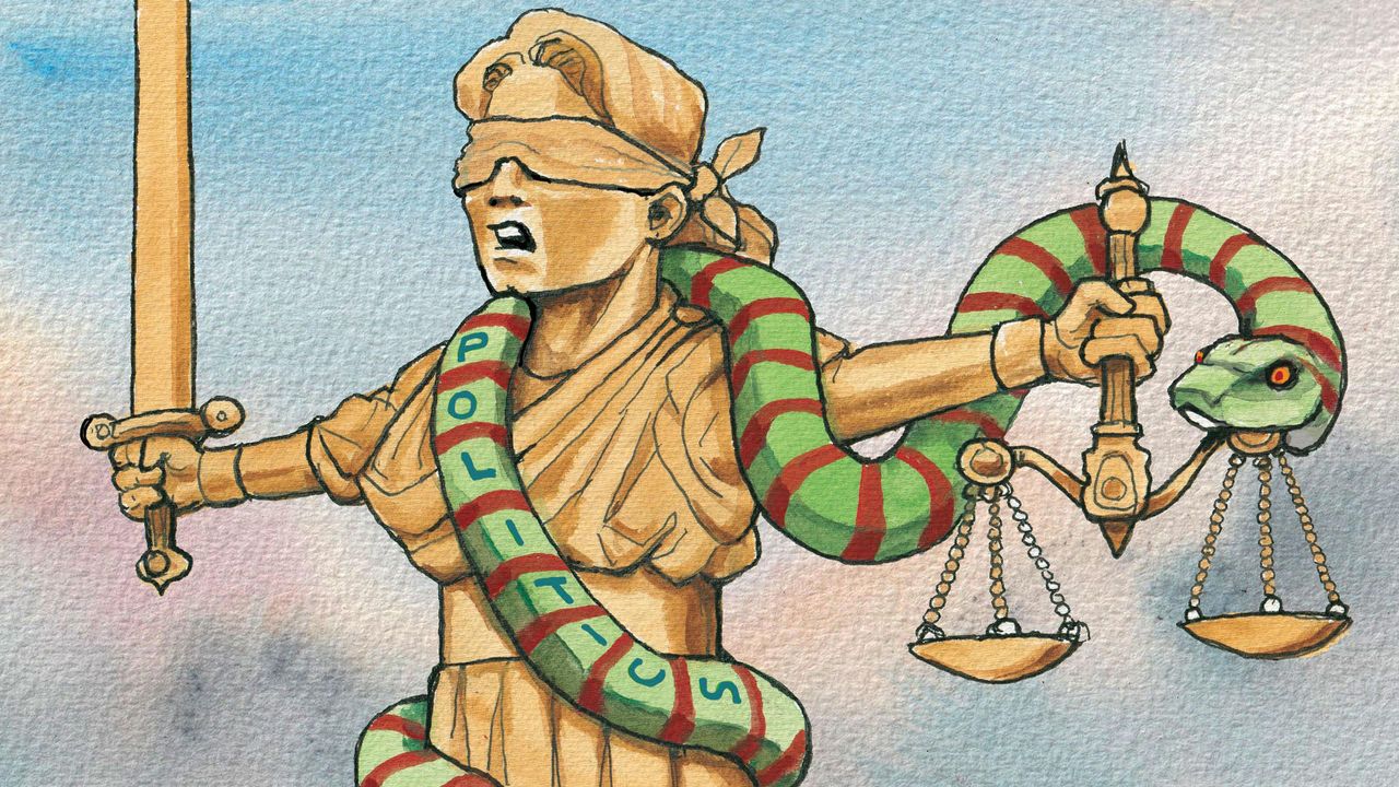 Illustration of the justice figure attacked by a snake representing politics.