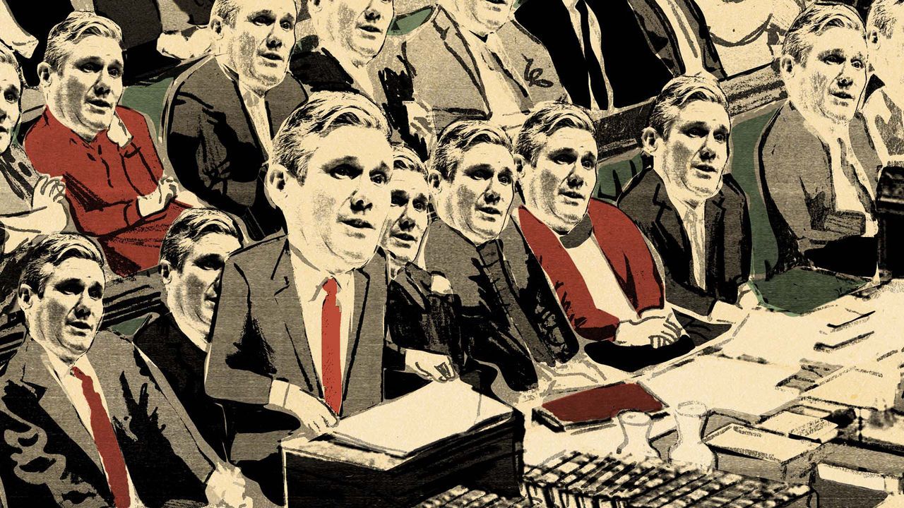 Collage of Keir Starmer in the House of Commons with rows of MPs with his head behind him.