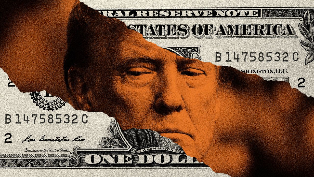 A dollar bill torn through the middle, revealing the face of Donald Trump