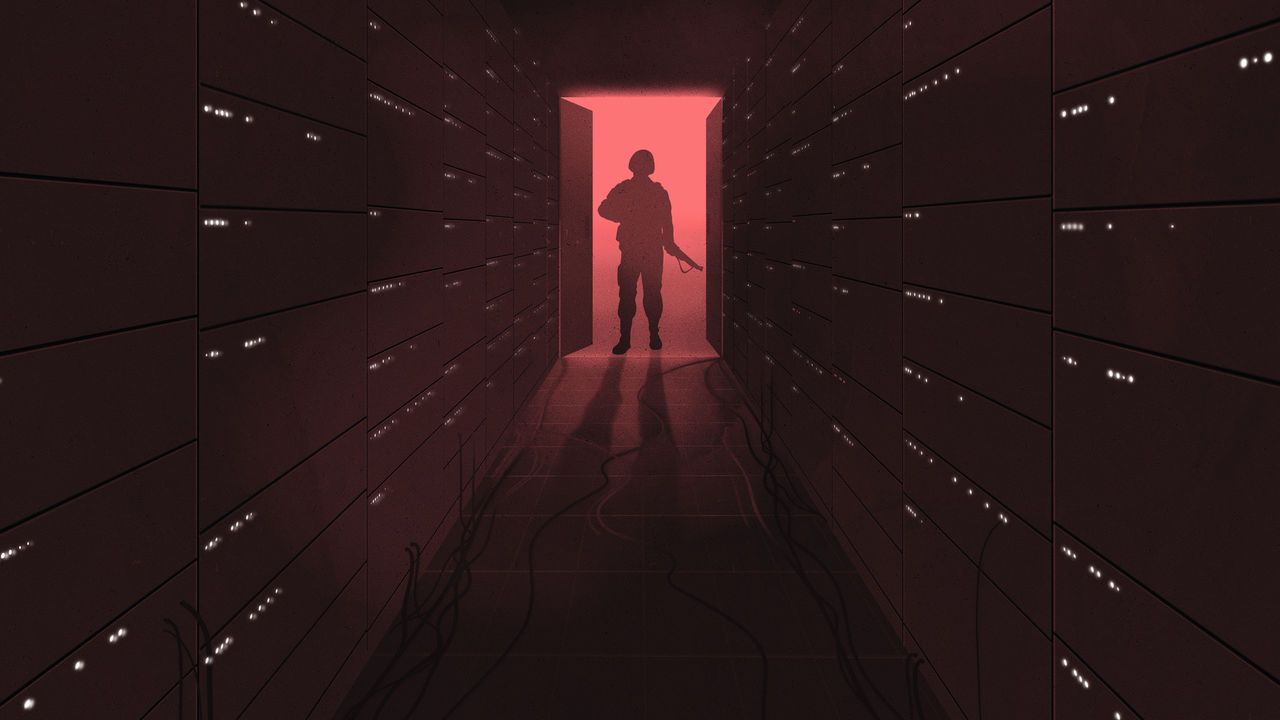 A soldier stands at the end of a server room hallway, underscoring the convergence of military operations and artificial intelligence.