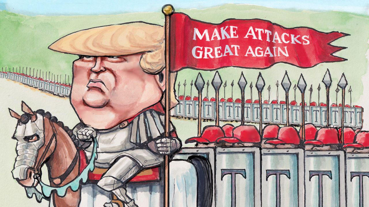 Illustration of Donald Trump as a knight on a horse carrying a Make America Great Again banner, with a long line of soldiers with speears and shields following wearing MAGA hats