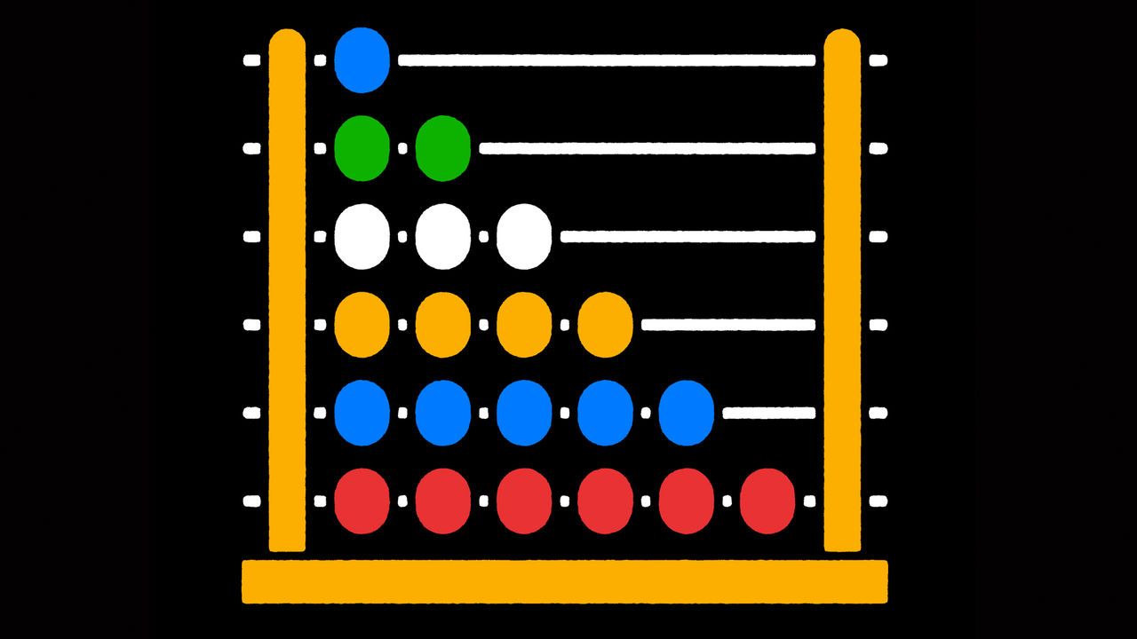 Illustration of a colourful abacus with five rows of beads in different colours (blue, green, white, yellow, blue, and red) against a black background.