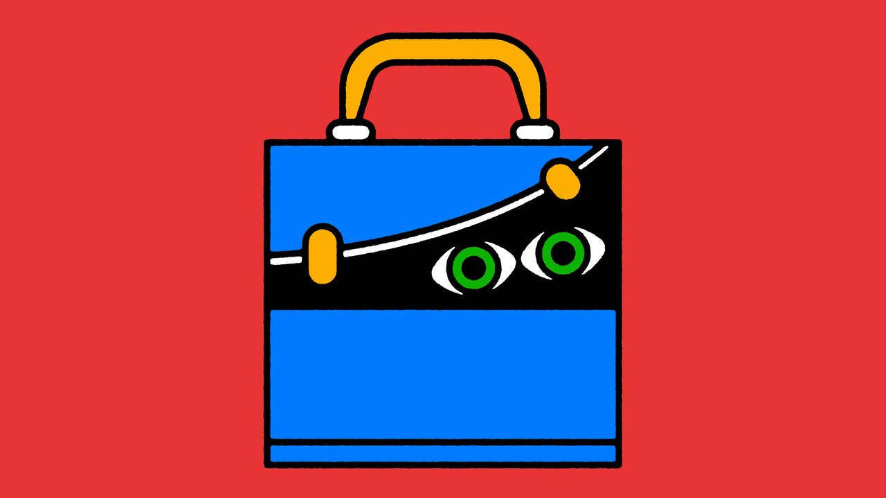 Illustration of a blue briefcase with a yellow handle, featuring two green eyes on a black section, against a red background.