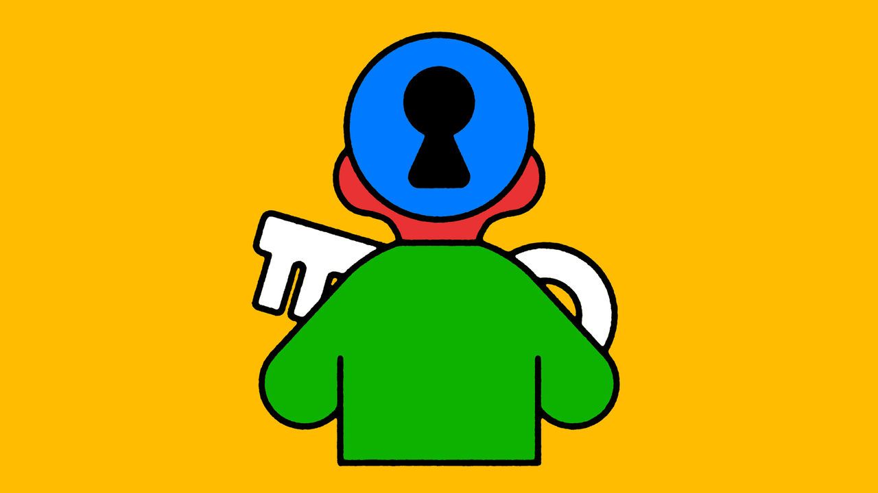 Illustration of a person from the back with a keyhole on their blue head, wearing a green shirt, and holding a large white key against an yellow background.