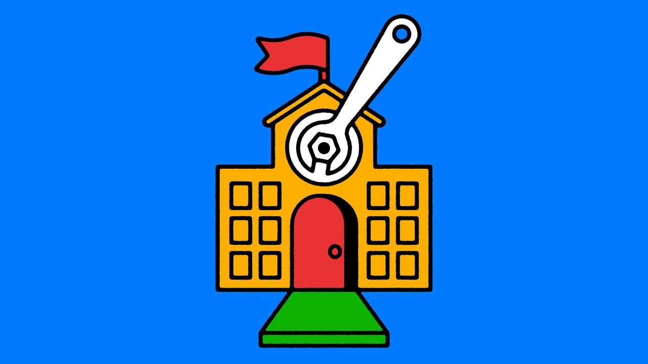 Illustration of a yellow school building with a red door and windows, featuring a red flag on top. A large white wrench is integrated into the clock face above the door, set against a blue background.