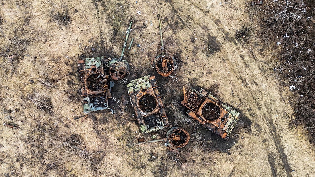 Destroyed Russian tanks are seen near the village of Bohorodychne, Ukraine