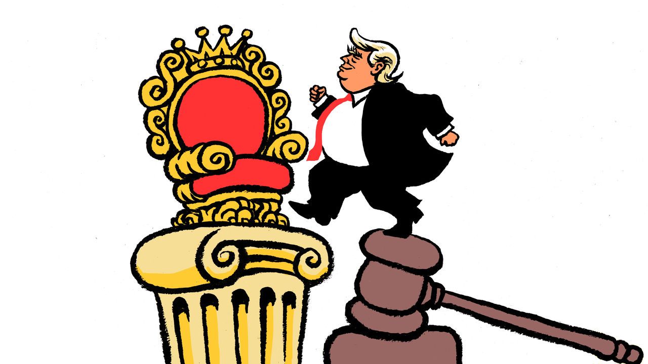 Donald Trump using a gavel to get to a throne.