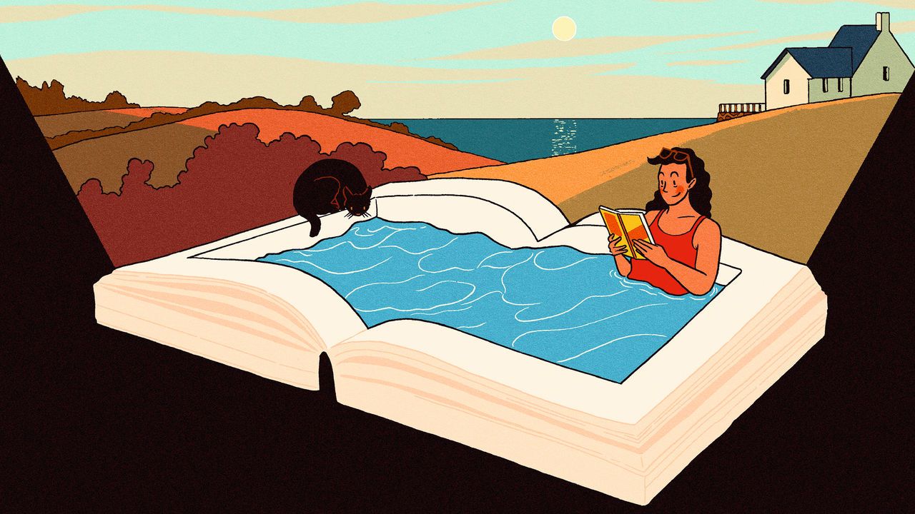 A woman reading a book in a pool shaped like a book