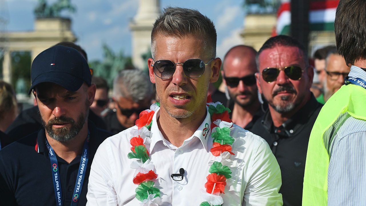 Peter Magyar is greeting supporters at a protest in Budapest, Hungary