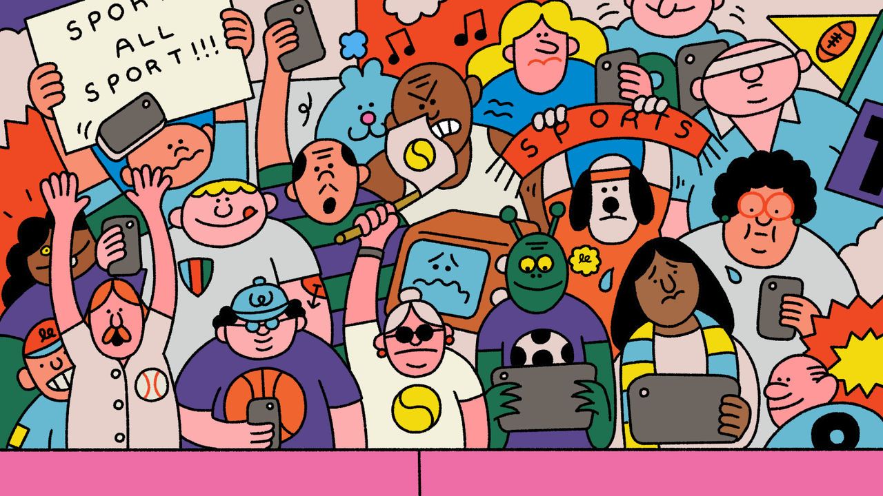 An illustration depicting global sports fans in a stadium, each watching their own games on different streaming services via their personal devices.