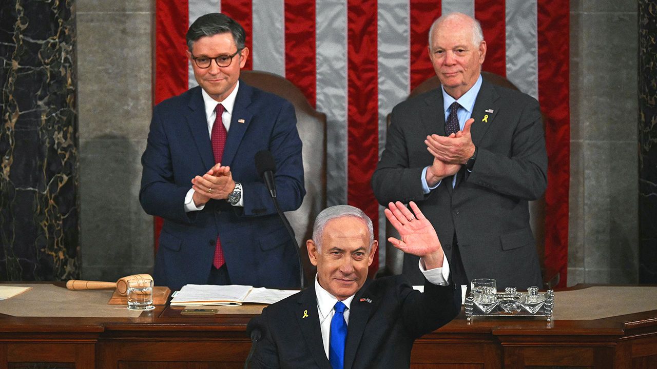 Israeli Prime Minister Benjamin Netanyahu arrives to speak to a joint meeting of Congress at the US Capitol in Washington, DC on July 24th 2024